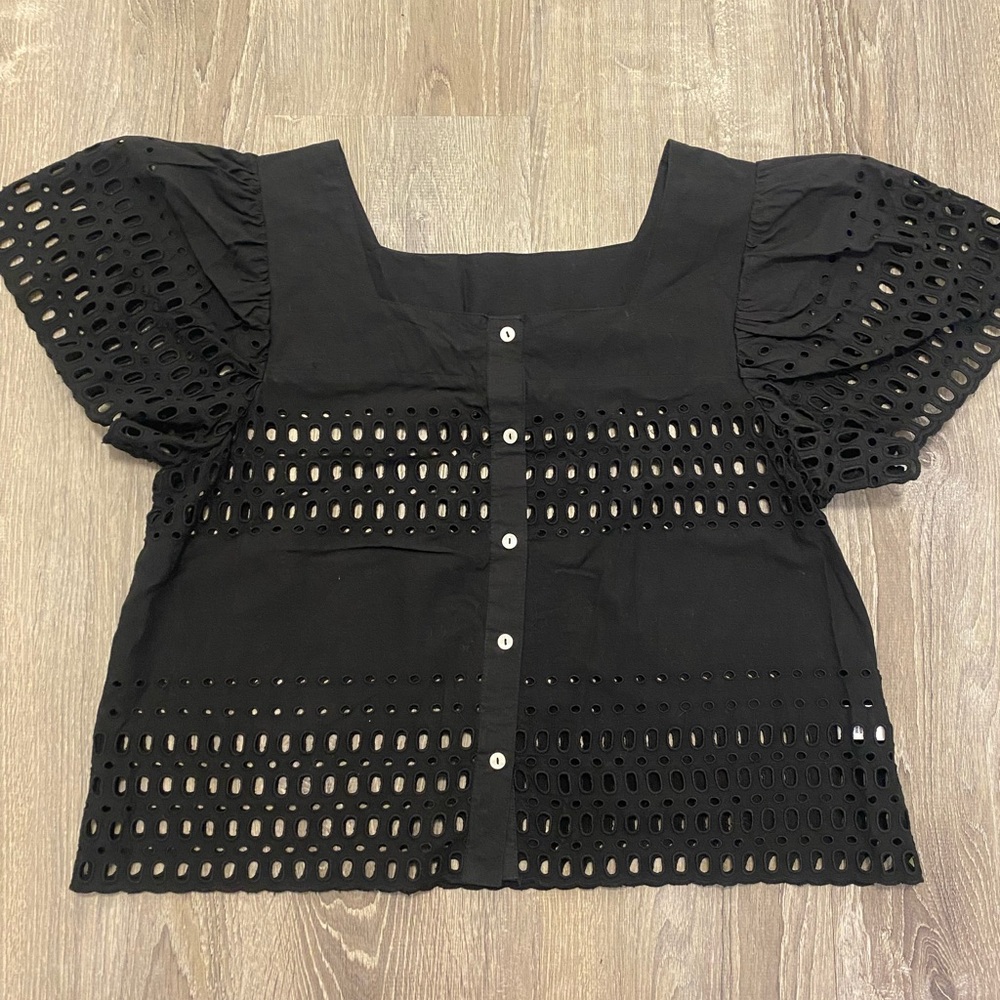 Calypso St. Barth Black Eyelet Lace Puff Sleeve Blouse- XL
